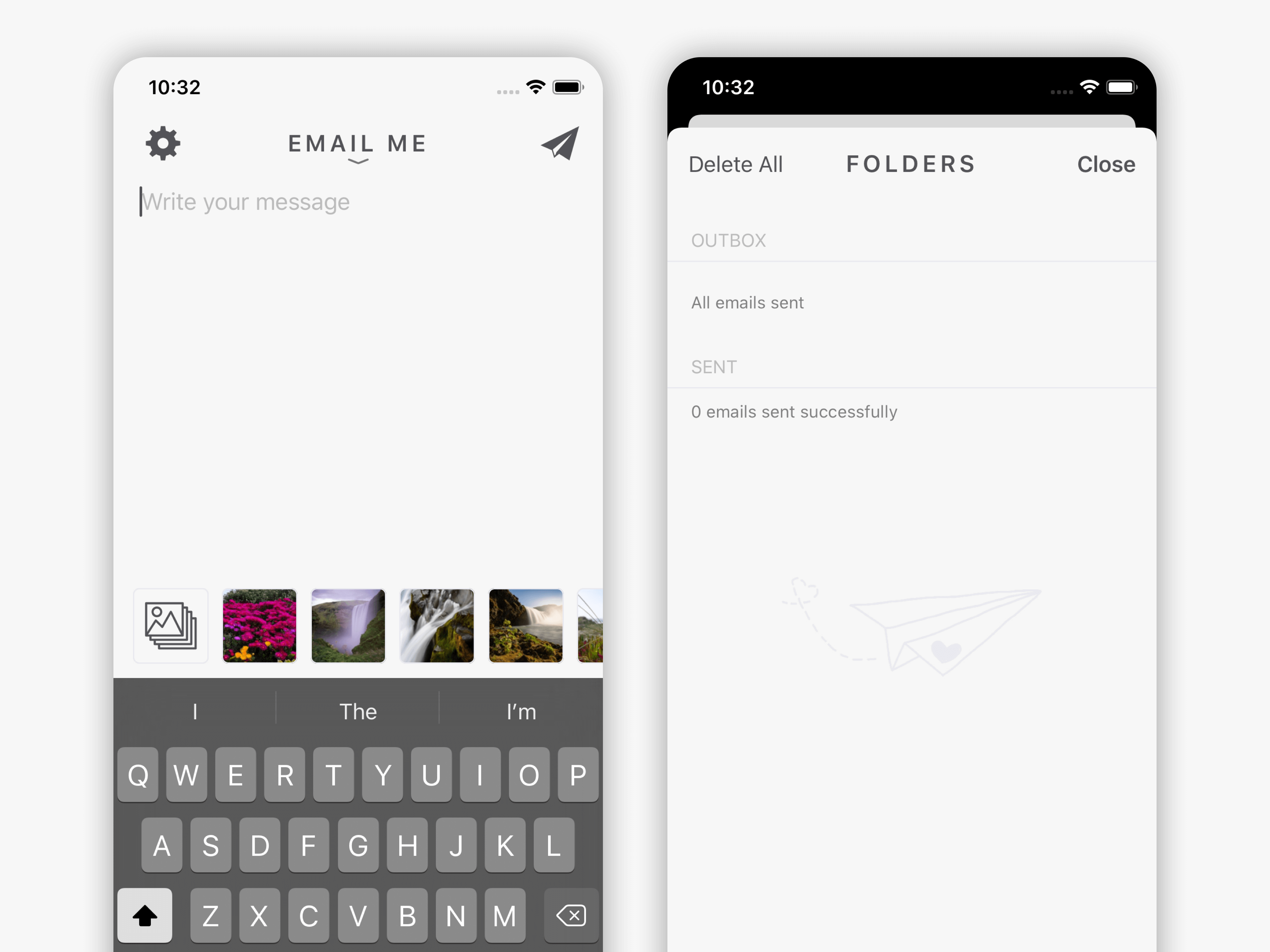 Vista detallada de Carpetas de Email Me App mostrando opciones de gestión de notas incluyendo editar, eliminar y reenviar